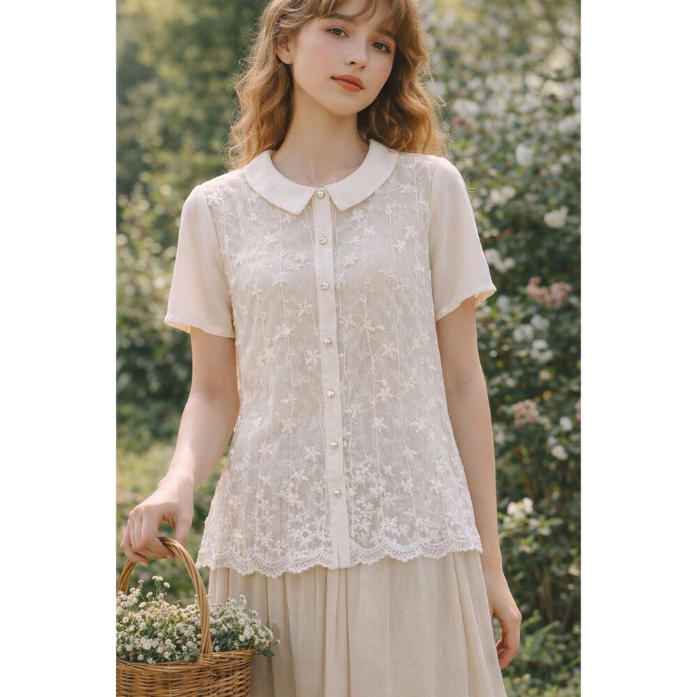 Pinky White Lace Button Front Blouse Peter Pan Collar Size Large Cottagecore